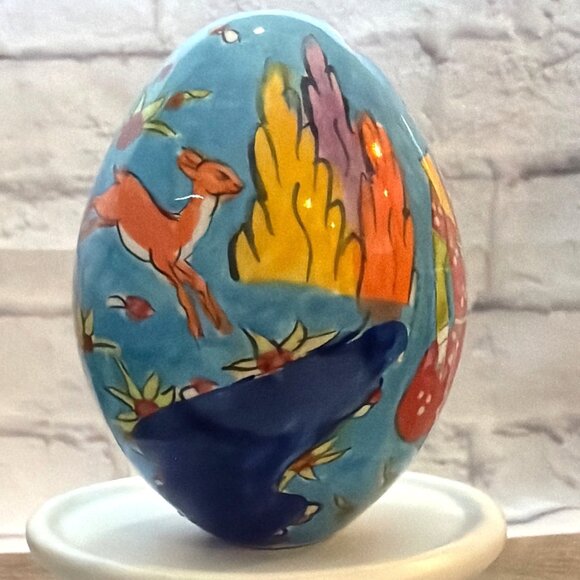 Hand-Painted Turkish Ceramic Pottery Egg Istanbul Grand Bazaar Blue Folk Art VTG - Picture 4 of 13
